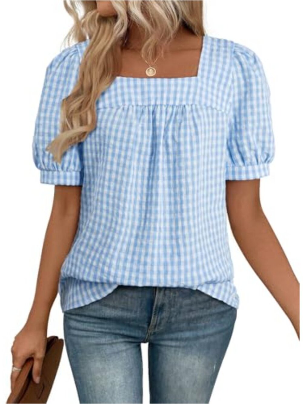 Womens Square Neck Gingham Tunic Top Short Sleeve Cotton Blend Blouse